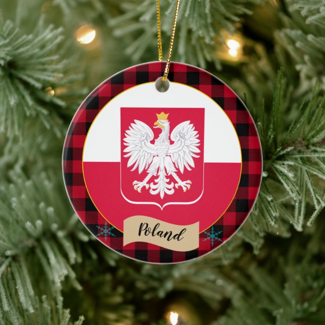 Poland, Red buffalo plaid & Polish Flag Ceramic Ornament (Tree)