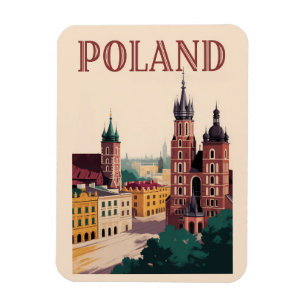 Poland Skyline Illustration Travel Art Vintage Magnet