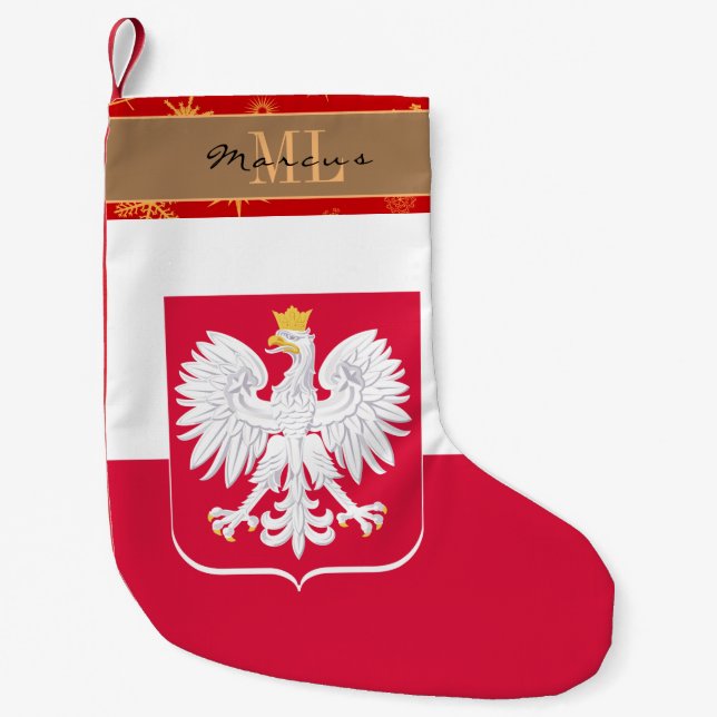 Poland stocking, Polish Flag, monogram, snowflake Small Christmas Stocking (Front)