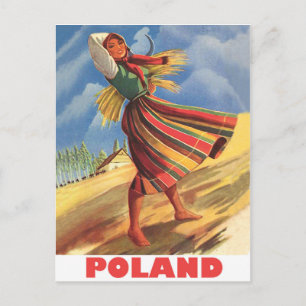 Poland, village woman in the field postcard