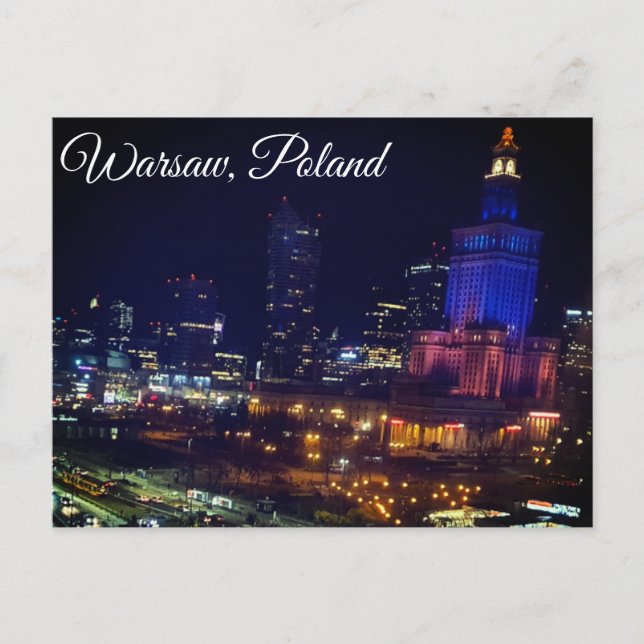 poland warsaw city at night photography postcard (Front)