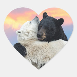 Polar and black bear hugging heart sticker