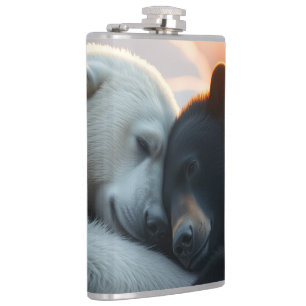 Polar and black bear hugging hip flask