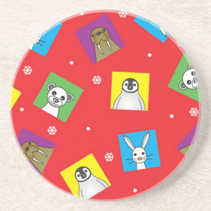 Polar Animal Babies Cute Print - Red Coaster