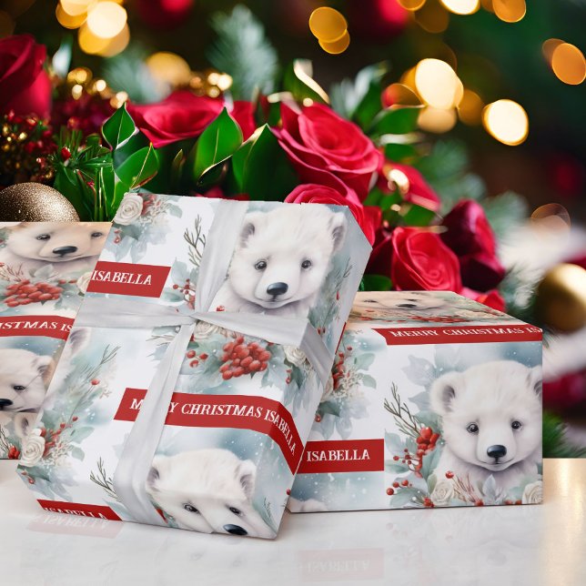 Polar Bear Add Child's Name Cute Christmas Gift Wrapping Paper (Creator Uploaded)