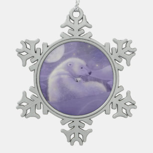 Polar Bear and Cub Whimsical Fantasy Art Snowflake Pewter Christmas Ornament