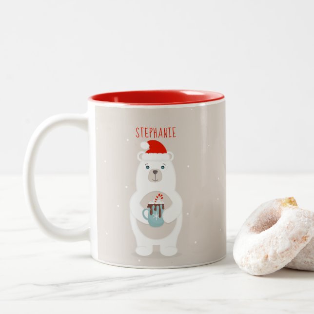 Polar Bear and Hot Cocoa Christmas Two-Tone Coffee Mug (With Donut)