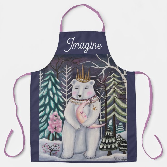 Polar Bear and Moon Winter Whimsical Art Apron (Front)