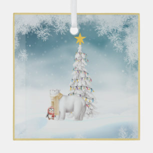 Polar Bear and Penguin Glass Christmas Ornament