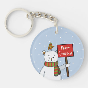 Polar Bear and Robin Christmas Greeting Keychain