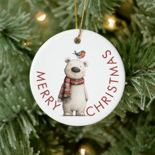 Polar Bear and Robin Merry Christmas Ceramic Ornament