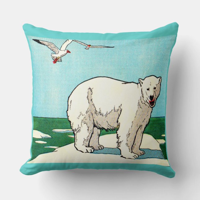 polar bear and seagulls print throw pillow (Front)