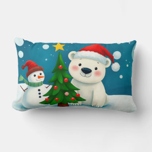 Polar Bear and Snowman Celebrating Christmas Lumbar Pillow
