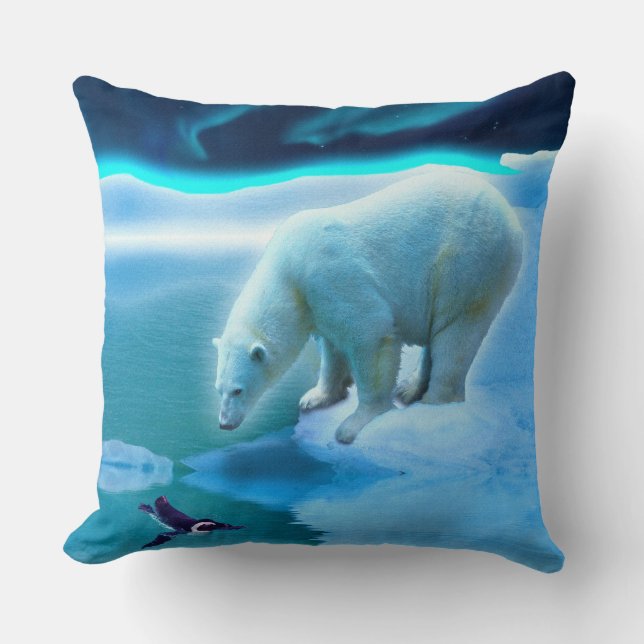Polar Bear & Arctic Penguin Aurora Art Clock Throw Pillow (Front)