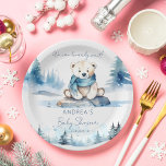 Polar bear arctic winter baby shower template paper plate<br><div class="desc">Polar bear arctic winter we can bearly wait baby shower tableware personalized template plates,  watercolor cute polar teddy bear wearing a blue scarf sitting on ice rock snowy pines winter themed baby shower welcome sign personalized baby shower plates</div>