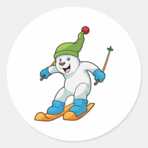 Polar bear as Skier with Ski & Bobble hat Classic Round Sticker