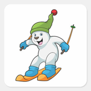 Polar bear as Skier with Ski & Bobble hat Square Sticker