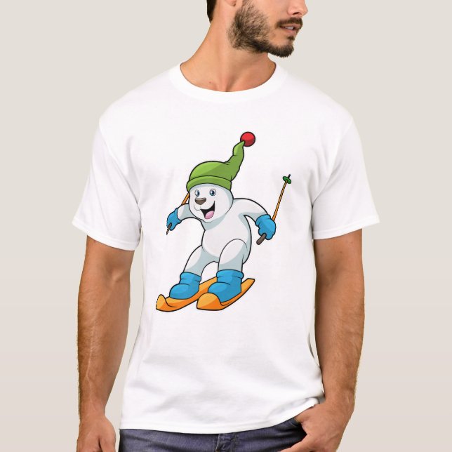 Polar bear as Skier with Ski & Bobble hat T-Shirt (Front)