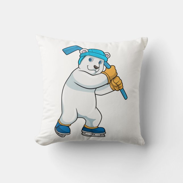 Polar bear at Ice hockey with Stick Throw Pillow (Front)