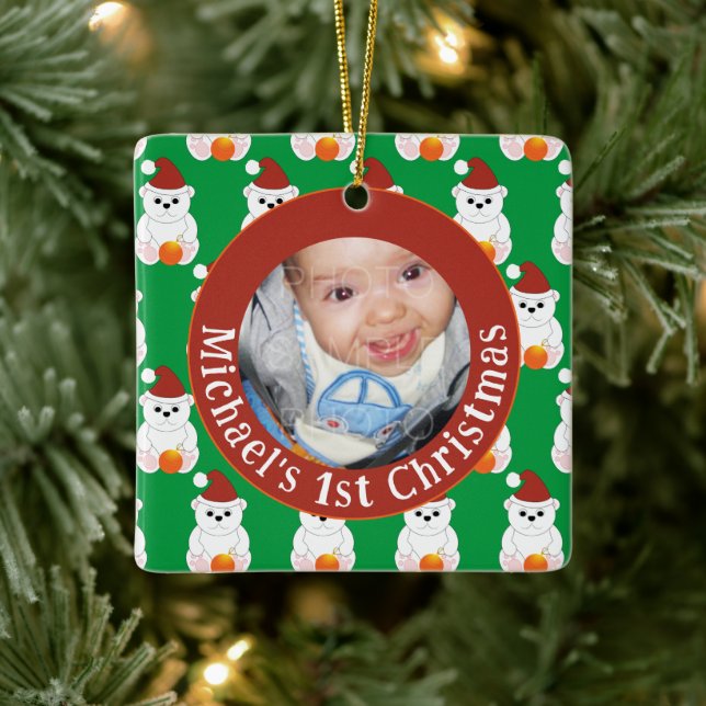 Polar bear baby 1st Christmas Customize photo text Ceramic Ornament (Tree)