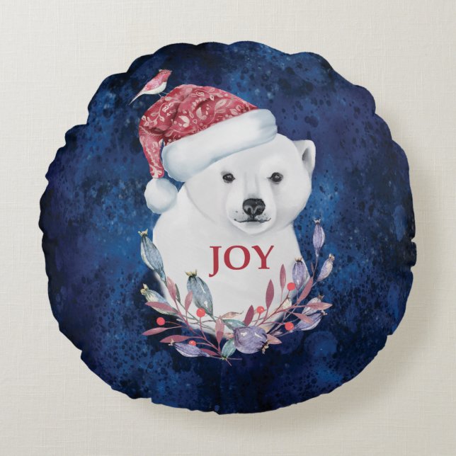Polar Bear Baby Hat Bird Christmas Joy Round Pillow (Front)
