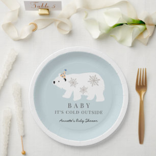 Polar Bear Baby It's Cold Outside Blue Baby Shower Paper Plate