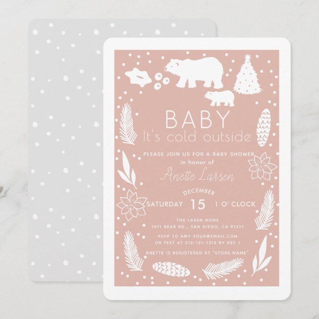 Polar Bear Baby It's Cold Outside Pink Baby Shower Invitation (Front/Back)