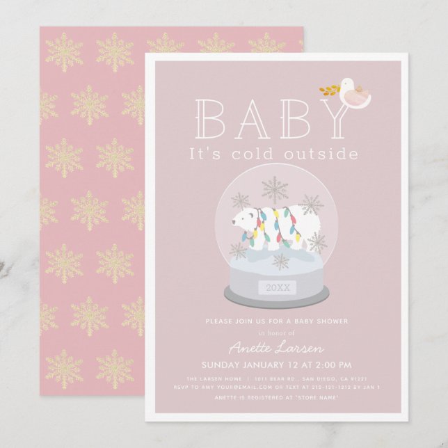Polar Bear Baby Its Cold Outside Pink Baby Shower Invitation (Front/Back)