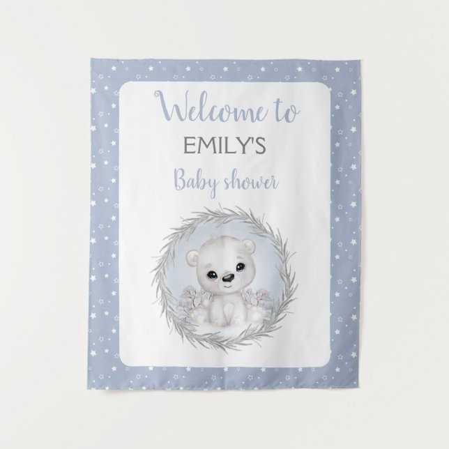 Polar bear baby shower boy welcome sign tapestry (Front)