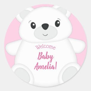 Polar Bear Baby Shower Pink Classic Round Sticker