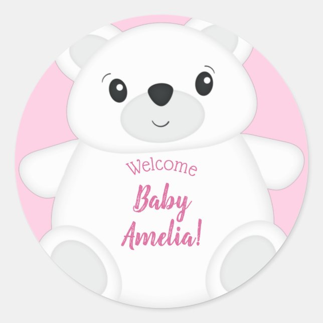 Polar Bear Baby Shower Pink Classic Round Sticker (Front)