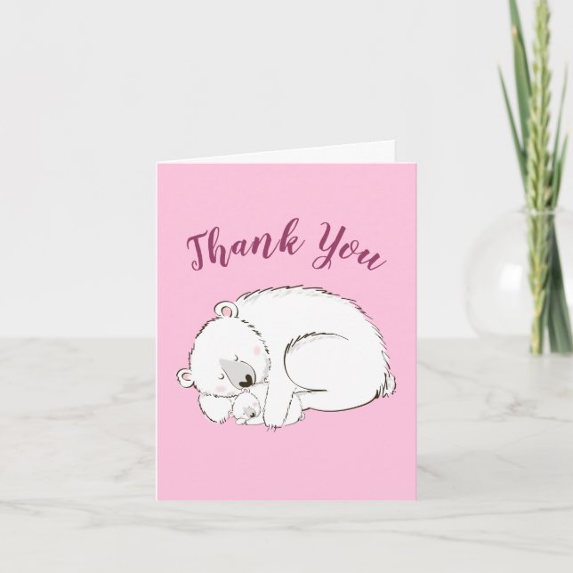 Polar Bear Baby Shower Pink Girl Thank You Card (Front)