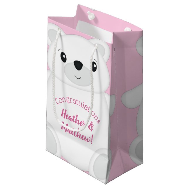 Polar Bear Baby Shower Pink Small Gift Bag (Front Angled)