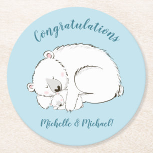 Polar Bear Baby Shower Winter Blue Boy Round Paper Coaster