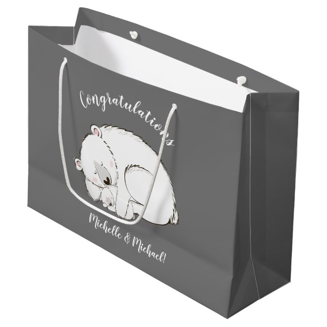 Polar Bear Baby Shower Winter Grey Gender Neutral Large Gift Bag (Front Angled)