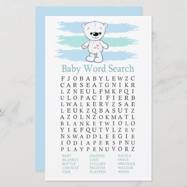 Polar bear Baby Shower Word Search Game (Front/Back)