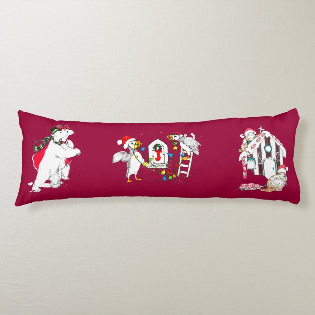 Polar Bear Beaver and Puffin Whimsical Christmas Body Pillow (Front)