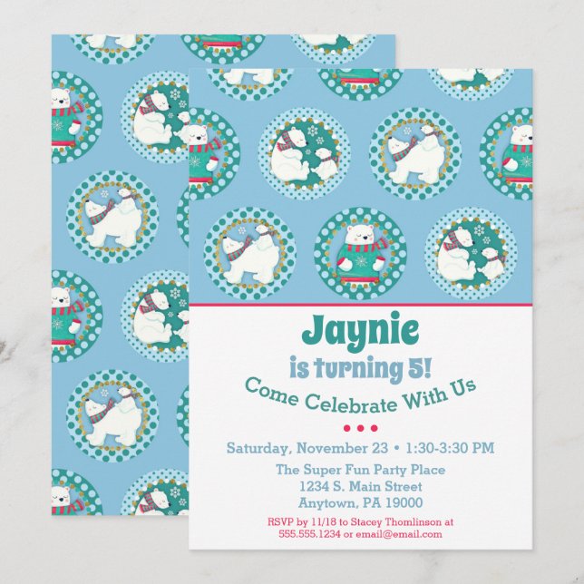 Polar Bear Birthday Invitation Winter Party Blue (Front/Back)