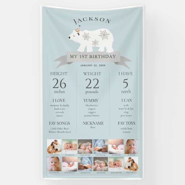 Polar Bear Blue 1st Birthday Milestone Timeline Banner (Vertical)