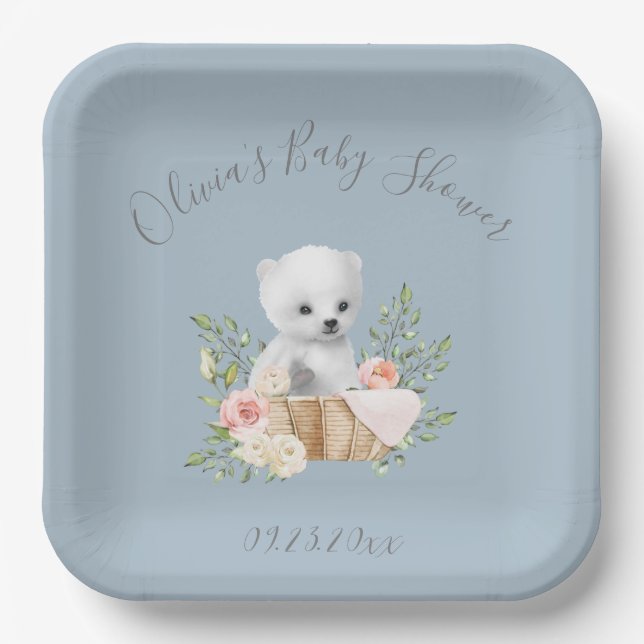 Polar Bear Blue Baby Shower Paper Plates (Front)
