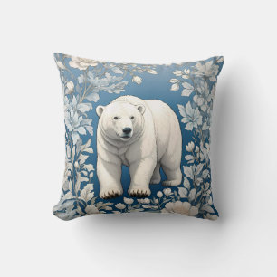 Polar Bear Blue Floral William Morris Inspired  Throw Pillow