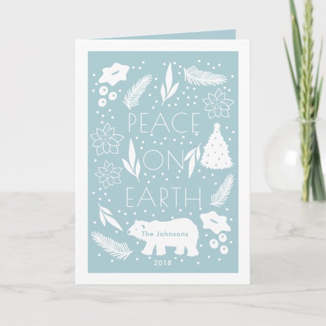 Polar Bear Blue Pine & Floral Christmas Photo Card (Front)