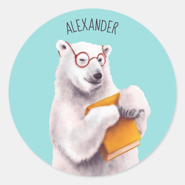 Polar Bear Book Lover Nerdy Classic Round Sticker (Front)