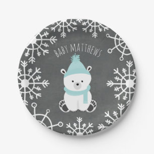Polar Bear Boy Winter Baby Shower Paper Plate