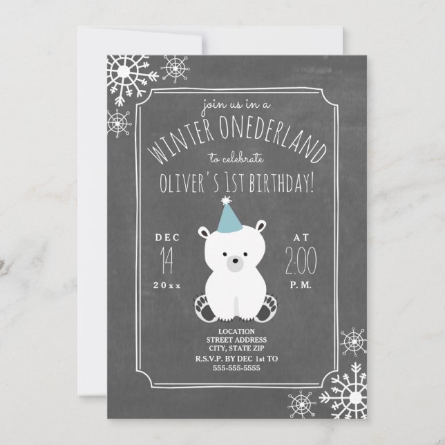 Polar Bear Boy Winter ONEderland First Birthday Invitation (Front)
