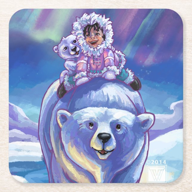 Polar Bear Bus Paintings Square Paper Coaster (Front)