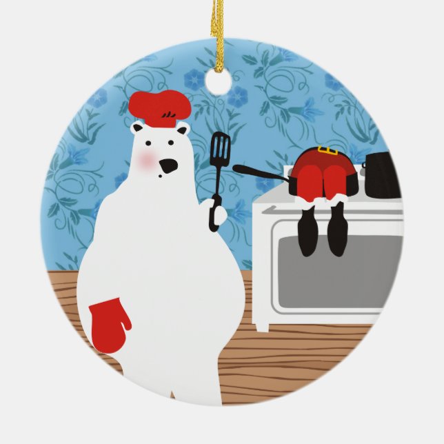 Polar bear chef cooking Santa Christmas ornament (Back)