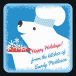polar bear chef serving snowflakes Christmas Square Sticker<br><div class="desc">"From the kitchen of" or "from my kitchen" rubber stamp with a polar bear wearing a chef's hat serving a snowflakes dinner for the finishing touch on your homemade food gifts or for gifting your favourite cooking or baking culinary guru.</div>