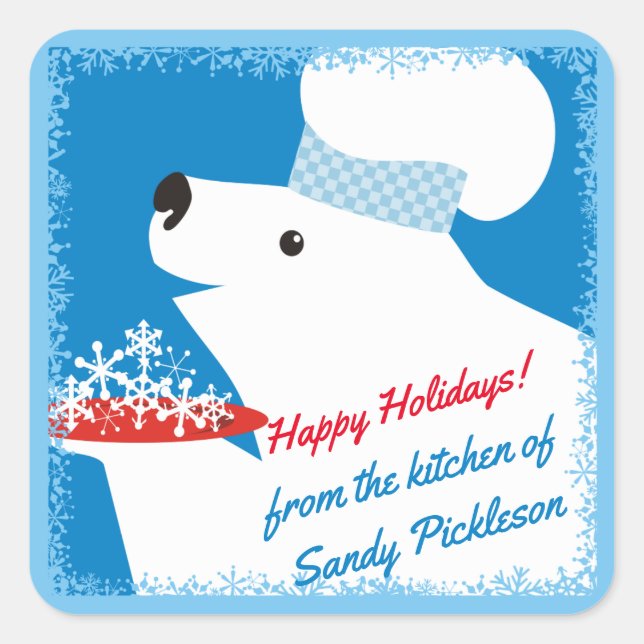 polar bear chef serving snowflakes Christmas Square Sticker (Front)