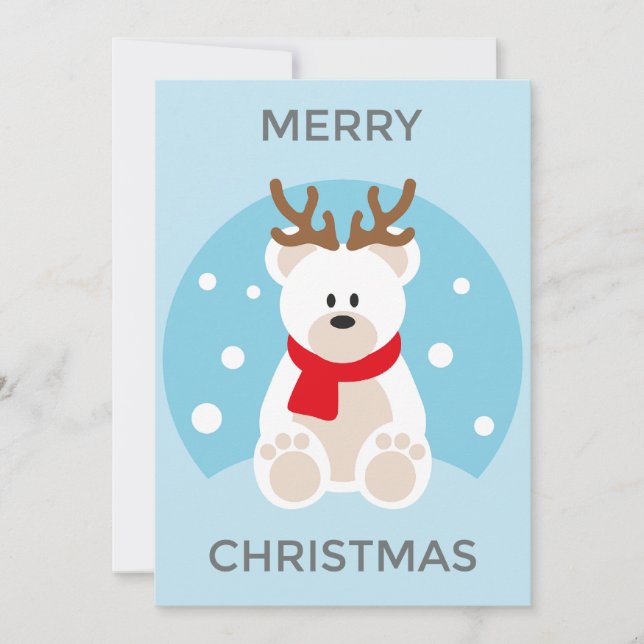 Polar Bear Christmas card,Deer Antlers Funny Cute  Holiday Card (Front)